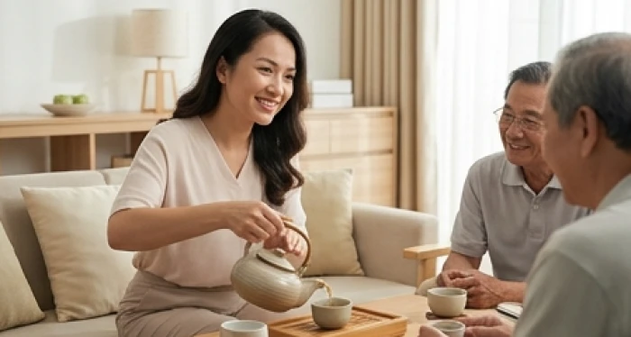 Người phụ nữ Á Đông điềm đạm ngồi thưởng trà trong không gian phòng khách ấm cúng cùng gia đình thân thiết