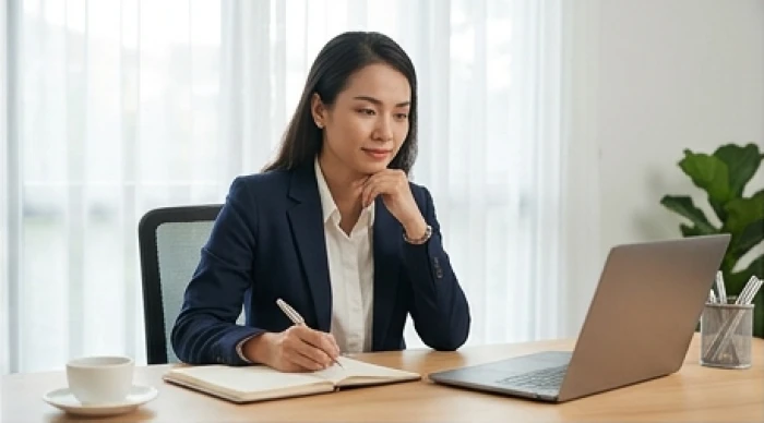 Nữ doanh nhân tuổi Giáp Dần tự tin điều hành công việc trên bàn làm việc gọn gàng cùng sổ sách chuyên nghiệp
