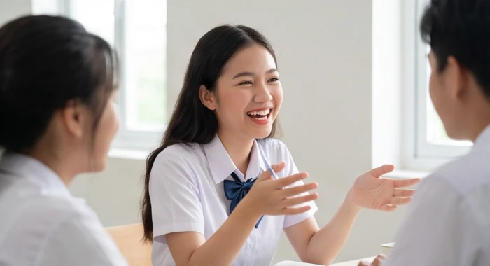 Học sinh nữ kỷ sửu 2009 tự tin giao tiếp và kết nối tích cực với nhóm bạn cùng lớp