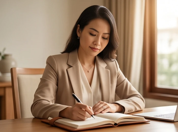 Người phụ nữ quyết đoán đang ghi chép công việc trên sổ tay thể hiện sự kiên định