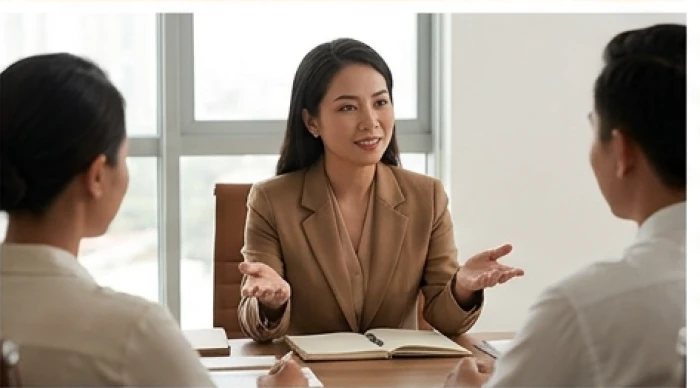 Nữ quản lý mậu dần thảo luận ôn hòa cùng đối tác kinh doanh trong không gian làm việc mở