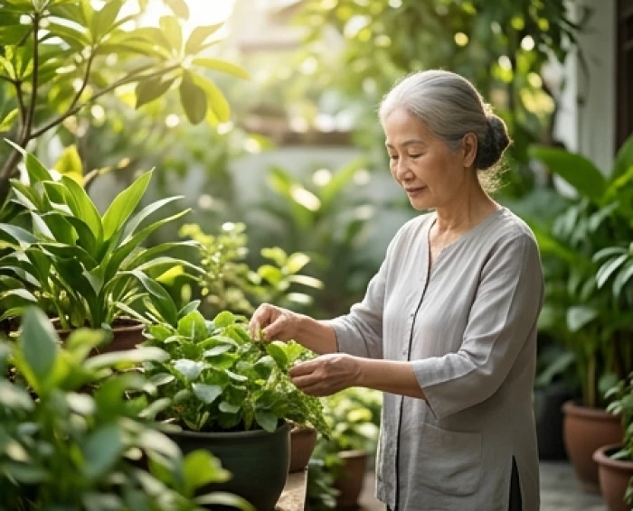 Người phụ nữ lớn tuổi thảnh thơi chăm sóc cây cảnh trong vườn nhà thể hiện sự kiên trường của nữ mạng Nhâm Thìn