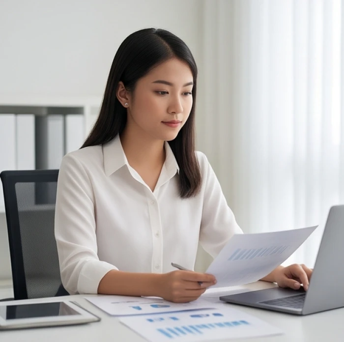 Nữ Mậu Dần mệnh Thổ giữ phong thái điềm tĩnh và cẩn trọng quan sát số liệu khi làm việc tại văn phòng