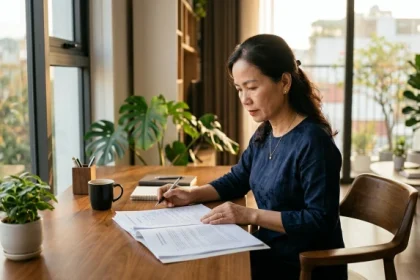 Một người phụ nữ thể hiện tính cách nữ tuổi sửu qua sự chăm chỉ và tự lập trong không gian làm việc hiện đại