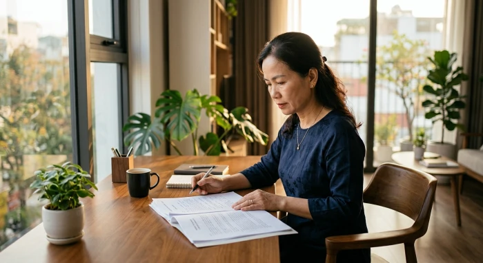 Một người phụ nữ thể hiện tính cách nữ tuổi sửu qua sự chăm chỉ và tự lập trong không gian làm việc hiện đại