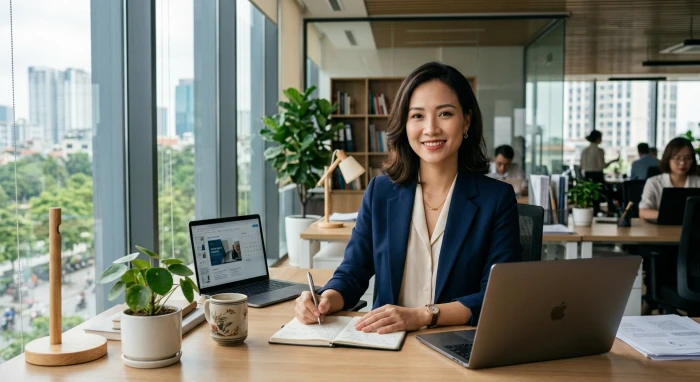 Chân dung một người phụ nữ Việt Nam hiện đại thể hiện rõ tính cách nữ tuổi thìn độc lập và quyết đoán trong công việc