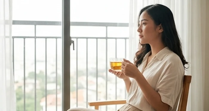 Người phụ nữ trầm tư bên ly trà ấm bên cửa sổ phản ánh tính cách nữ tuổi tuất khi suy ngẫm giải quyết mâu thuẫn