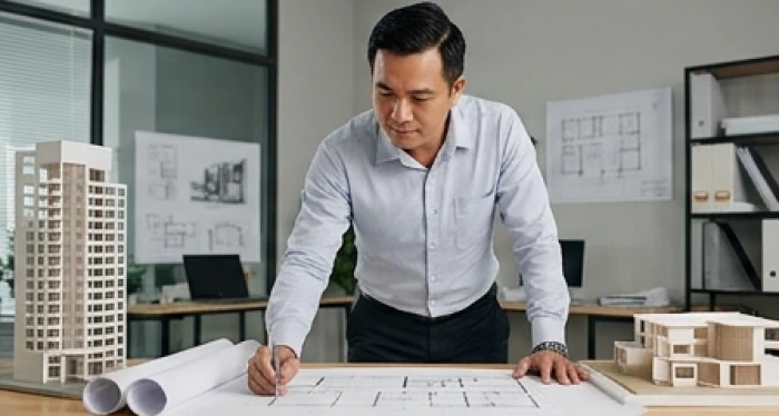 Nam quản lý dự án xây dựng tuổi Giáp Tý 1984 đang nghiên cứu bản vẽ kỹ thuật tại công trường với tác phong cương trực
