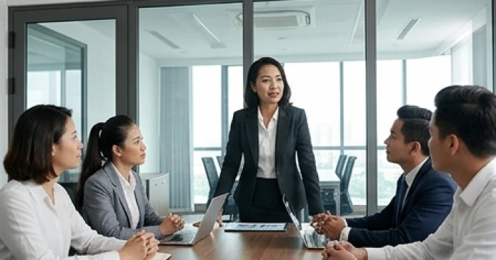 Doanh nhân tuổi dần tự tin điều hành cuộc họp chiến lược tại văn phòng làm việc hiện đại