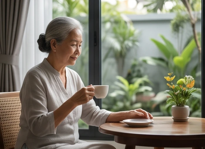Người lớn tuổi đang thảnh thơi thưởng trà bên cửa sổ có tầm nhìn bao quát ra khu vườn tĩnh lặng