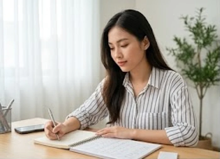 Người phụ nữ tuổi tý cẩn trọng ghi chép sổ sách quản lý tài chính gia đình bên bàn làm việc gọn gàng