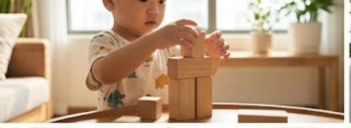 Bé trai Quý Mão tập trung xếp hình gỗ trên bàn thể hiện sự kiên định và ý chí tự lập từ sớm