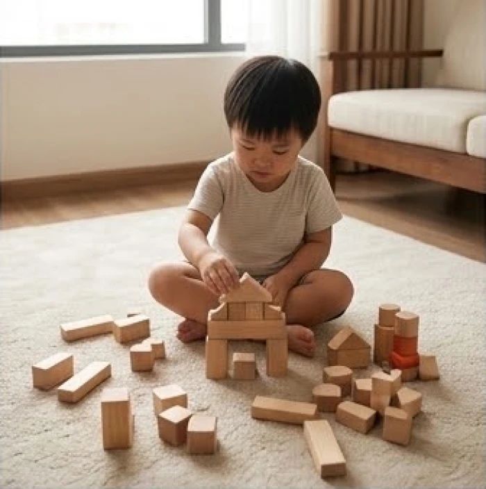 Bé ngoan ngoãn đang tự chơi xếp hình gỗ trên thảm trải sàn trong phòng khách tràn ngập ánh sáng