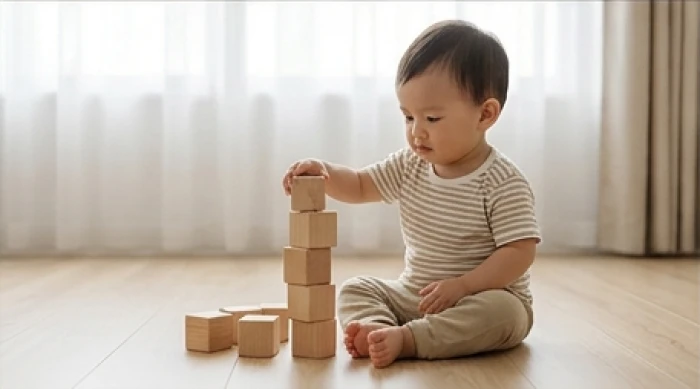 Bé trai đang chăm chú xếp hình gỗ thông minh thể hiện sự tập trung và tư duy logic