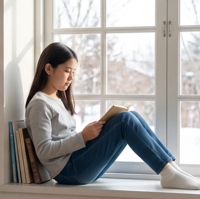 Bé gái ngồi đọc sách bên cửa sổ tận hưởng không gian yên tĩnh thể hiện nét điềm đạm của mùa đông