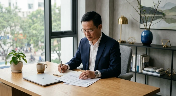 Hình ảnh người quản lý trầm tĩnh đang tập trung làm việc phản ánh rõ nét tính cách tuổi ất mão 1975