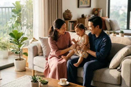 Cha mẹ Việt Nam mỉm cười hướng dẫn em bé thể hiện tính cách tuổi bính ngọ 2026 năng động và tự do