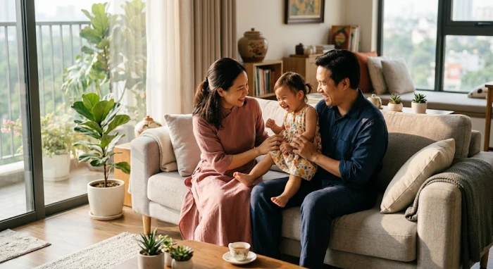 Cha mẹ Việt Nam mỉm cười hướng dẫn em bé thể hiện tính cách tuổi bính ngọ 2026 năng động và tự do