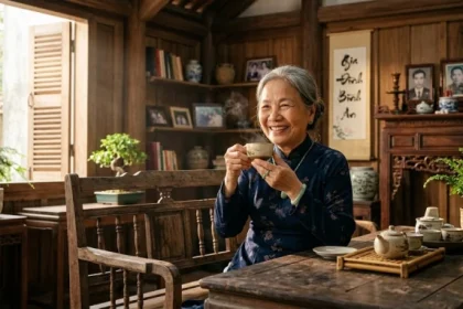 Bức ảnh thể hiện tính cách tuổi bính thân 1956 qua nụ cười hiền hậu của người cao tuổi bên tách trà tĩnh lặng