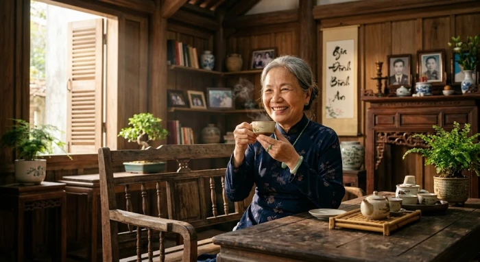 Bức ảnh thể hiện tính cách tuổi bính thân 1956 qua nụ cười hiền hậu của người cao tuổi bên tách trà tĩnh lặng