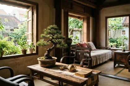 Một không gian sống bình yên với cây tùng bonsai truyền thống, thể hiện rõ tính cách tuổi canh dần 1950