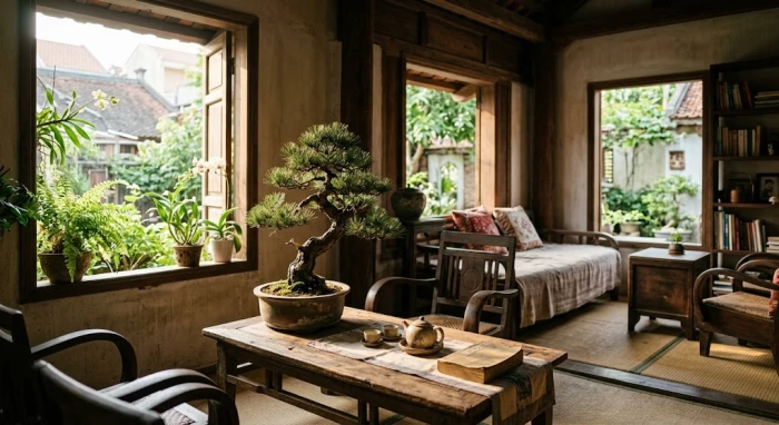Một không gian sống bình yên với cây tùng bonsai truyền thống, thể hiện rõ tính cách tuổi canh dần 1950
