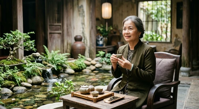 Chân dung người Việt trung niên điềm đạm bên tiểu cảnh nước tĩnh lặng phản ánh tính cách tuổi đinh mùi 1967