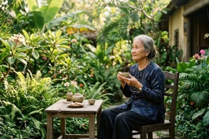 Hình ảnh người lớn tuổi thảnh thơi dạo vườn minh họa cho những đặc trưng nổi bật trong tính cách tuổi giáp ngọ 1954