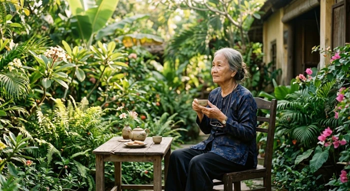 Hình ảnh người lớn tuổi thảnh thơi dạo vườn minh họa cho những đặc trưng nổi bật trong tính cách tuổi giáp ngọ 1954