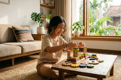 Một bé trai năng động đang tự lập chơi đồ chơi trong phòng khách minh họa cho tính cách tuổi giáp ngọ 2014