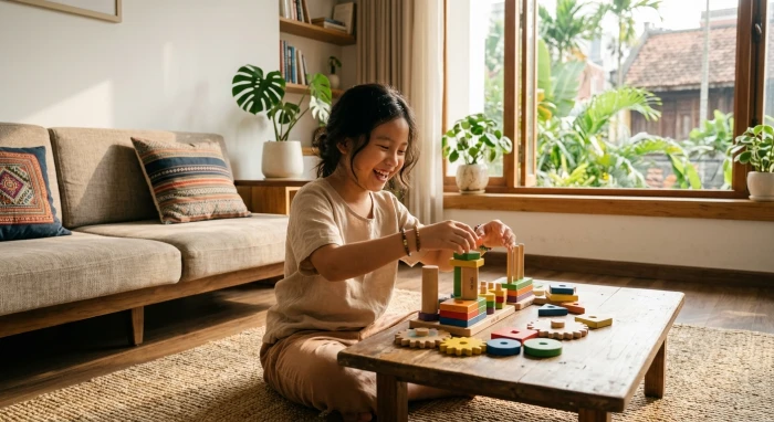 Một bé trai năng động đang tự lập chơi đồ chơi trong phòng khách minh họa cho tính cách tuổi giáp ngọ 2014