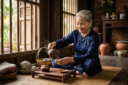 Chân dung người ông hiền hòa đang trò chuyện cùng cháu, phản ánh tính cách tuổi giáp thân 1944 tháo vát và tình cảm