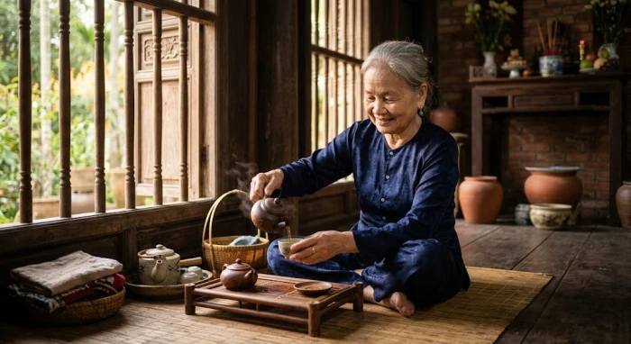 Chân dung người ông hiền hòa đang trò chuyện cùng cháu, phản ánh tính cách tuổi giáp thân 1944 tháo vát và tình cảm