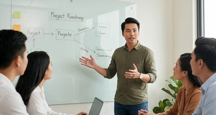 Chuyên gia trẻ tràn đầy năng lượng đang trình bày ý tưởng sáng tạo thể hiện tính cách tuổi giáp tuất nhiệt huyết