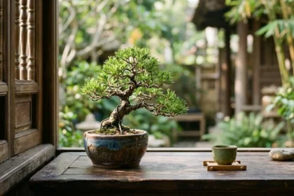 Không gian tĩnh lặng thể hiện tính cách tuổi kỷ hợi 1959 với cây bonsai nhỏ và ánh nắng ban mai