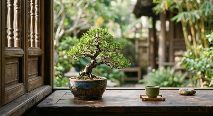 Không gian tĩnh lặng thể hiện tính cách tuổi kỷ hợi 1959 với cây bonsai nhỏ và ánh nắng ban mai