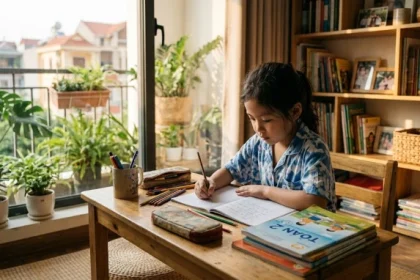 Bé gái 7 tuổi đang chăm chỉ học bài thể hiện nét tính cách tuổi Kỷ Hợi 2019 ngoan ngoãn và kiên nhẫn