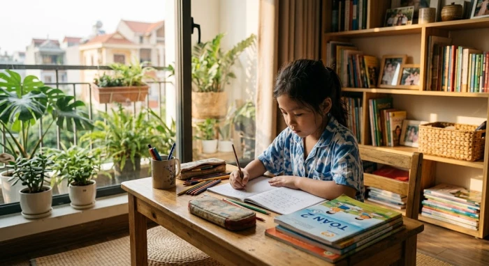 Bé gái 7 tuổi đang chăm chỉ học bài thể hiện nét tính cách tuổi Kỷ Hợi 2019 ngoan ngoãn và kiên nhẫn