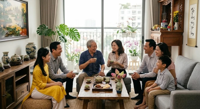 Gia đình đa thế hệ người Việt quây quần vui vẻ thấu hiểu tính cách tuổi kỷ sửu 1949