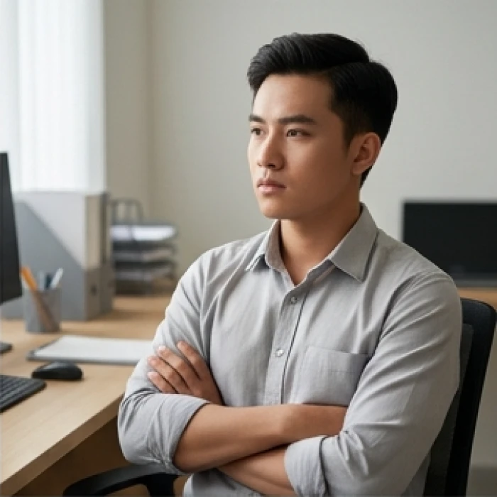 Nhân viên văn phòng đang ngồi khoanh tay trầm ngâm bên bàn làm việc thể hiện sự phản kháng thụ động và lòng tự tôn