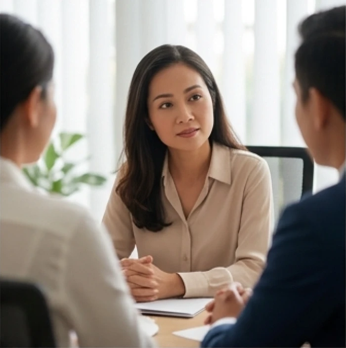 Người phụ nữ tuổi Mão đang quan sát sắc thái ngôn ngữ cơ thể của đồng nghiệp trong một cuộc họp nhóm nhỏ