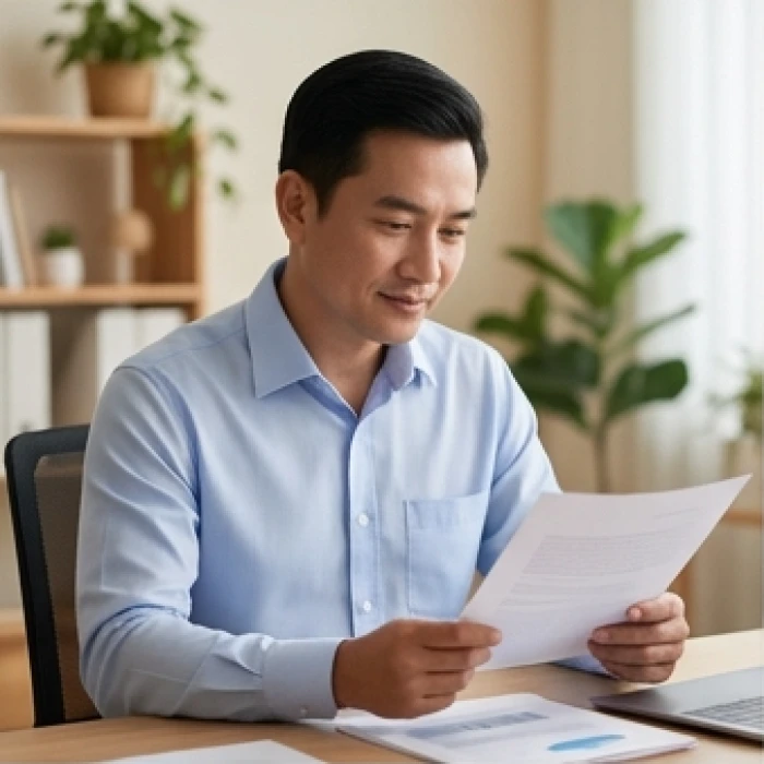 Người đàn ông tuổi Mão điềm tĩnh đang ngồi suy ngẫm trước các hồ sơ công việc trên bàn làm việc hiện đại