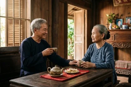 Không gian gia đình ấm áp thể hiện tính cách tuổi mậu tuất 1958 của người lớn tuổi bên con cháu tại Việt Nam