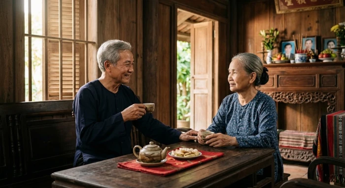 Không gian gia đình ấm áp thể hiện tính cách tuổi mậu tuất 1958 của người lớn tuổi bên con cháu tại Việt Nam