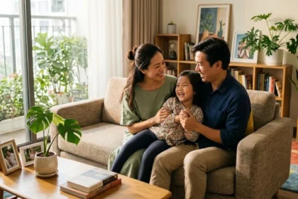 Cậu bé đang mỉm cười bên cha mẹ thể hiện rõ nét tính cách tuổi mậu tuất 2018 đáng yêu