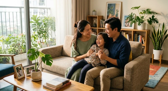 Cậu bé đang mỉm cười bên cha mẹ thể hiện rõ nét tính cách tuổi mậu tuất 2018 đáng yêu