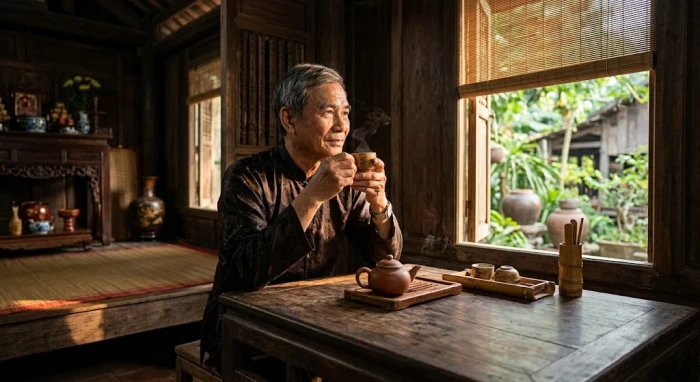 Chân dung điềm tĩnh của người lớn tuổi phản ánh tính cách tuổi nhâm dần 1962 trong không gian gia đình