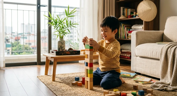Hình ảnh minh họa tính cách tuổi nhâm dần 2022 qua biểu cảm tự tin và độc lập của một em bé đang vui chơi