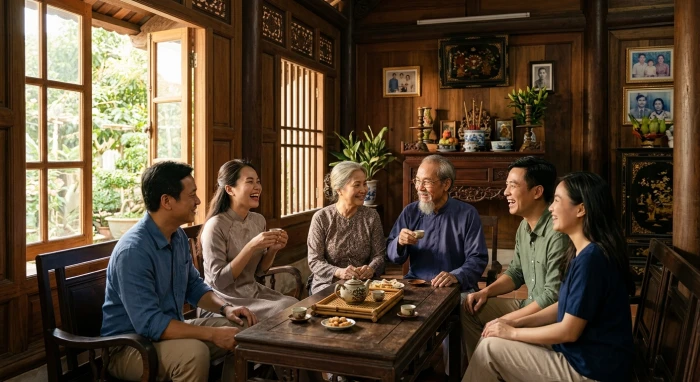 Bức ảnh gia đình ba thế hệ quây quần thể hiện sự thấu hiểu tính cách tuổi nhâm thìn 1952 của ông bà