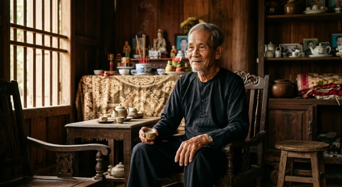 Chân dung người lớn tuổi mang đậm nét tính cách tuổi quý tỵ 1953 với phong thái điềm đạm và ánh mắt trí tuệ